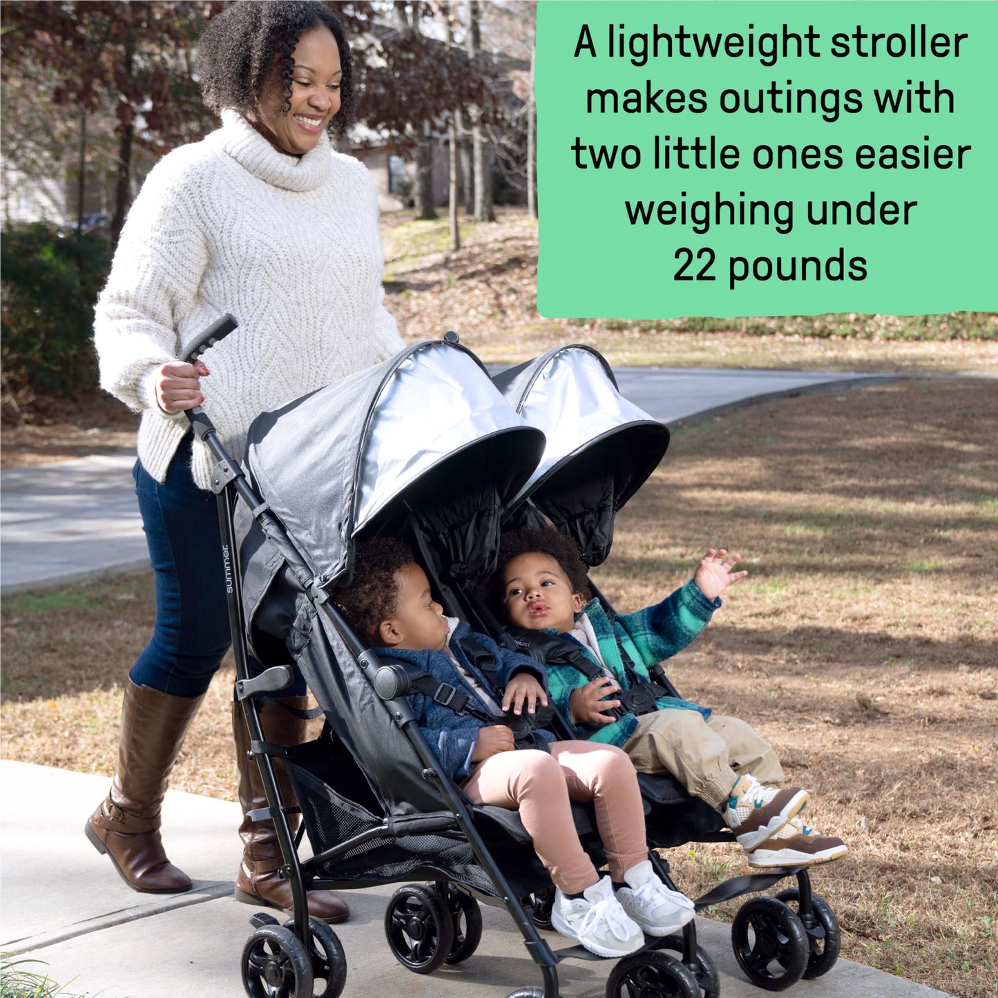 Summer Infant 3Dlite Folding Lightweight Side By Side Double Stroller With 5-Point Safety Harness For Infants And Toddlers, Blac