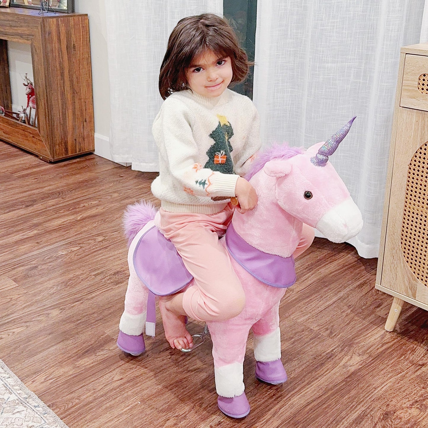 Qaba Ride On Real Walking Unicorn with Sparkly Horn, Soft Plush Ride On Rocking Horse Bearing 176lbs, Imaginative Interactive To