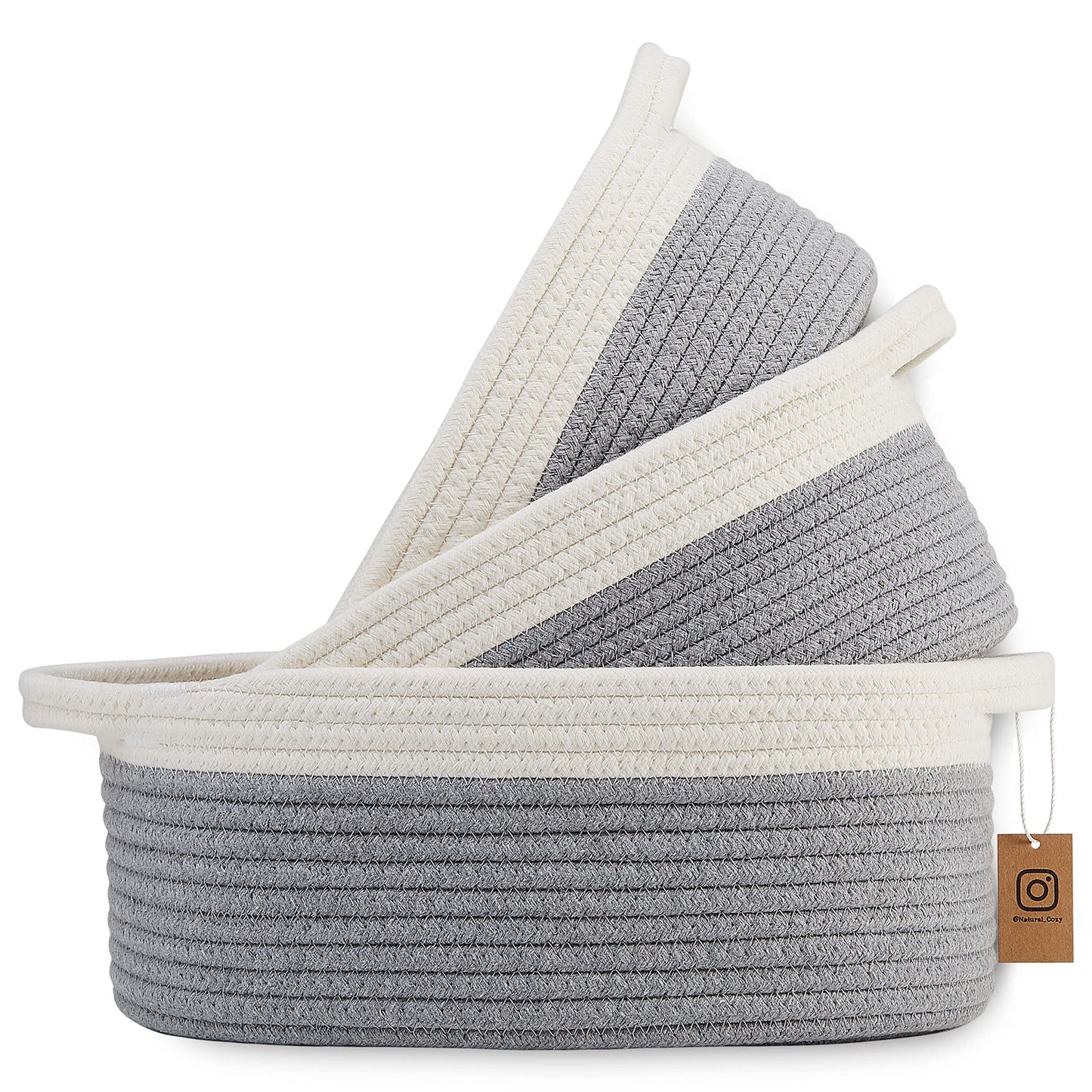 NaturalCozy 3-Piece Oval Basket Set- Natural Rope Woven Baskets for Storage, Gift Basket Empty, Toy Basket, Soft Baby Basket for