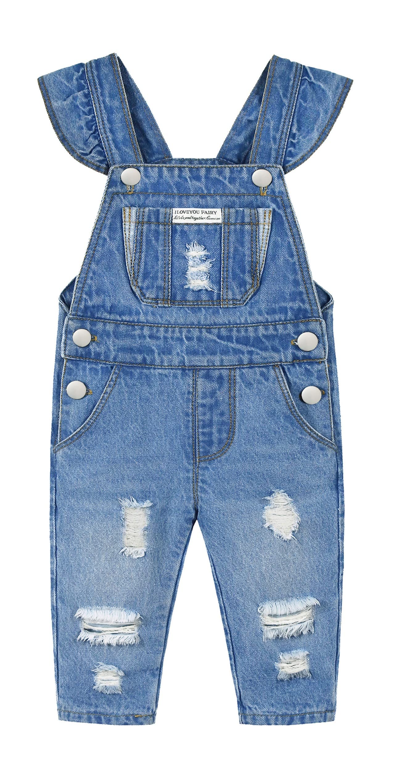 Kidscool Space Baby & Little Girls Big Bib Pocket Ripped Letter Ruffled Jeans Overalls,Blue,18-24 Months