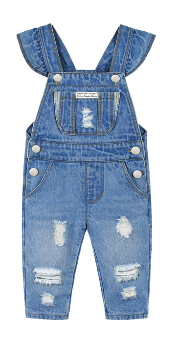 Kidscool Space Baby & Little Girls Big Bib Pocket Ripped Letter Ruffled Jeans Overalls,Blue,18-24 Months