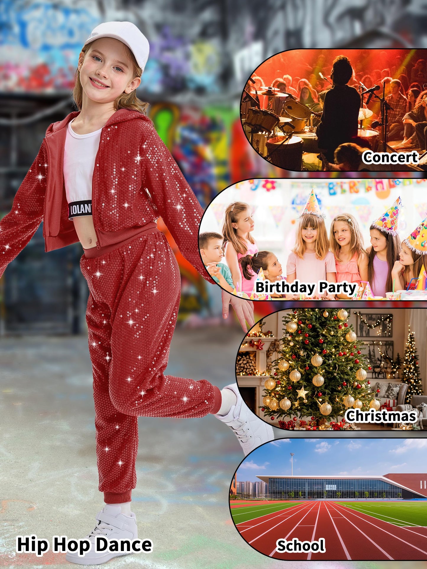 Lolanta Kids Dance Outfits Clothing Set Sequin Red Spring Fall Coat Trouser Hip-Hop Dance Costumes (Red, 8-9 Years)
