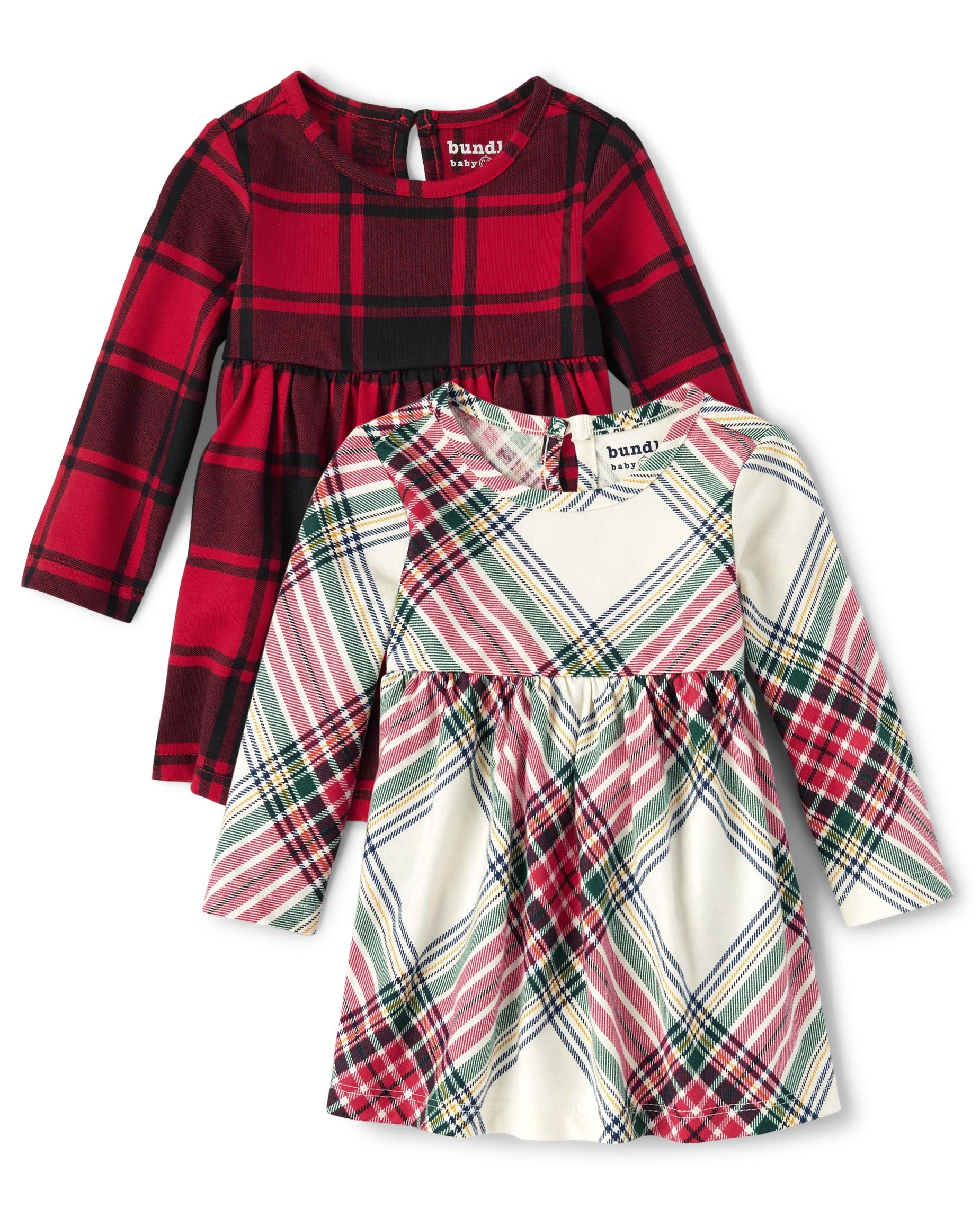 The Children'S Place Baby Long Sleeve 100% Cotton Onesie Bodysuits 2-Pack, Red Plaid/White Stripe 2 Pack, 18-24 Months