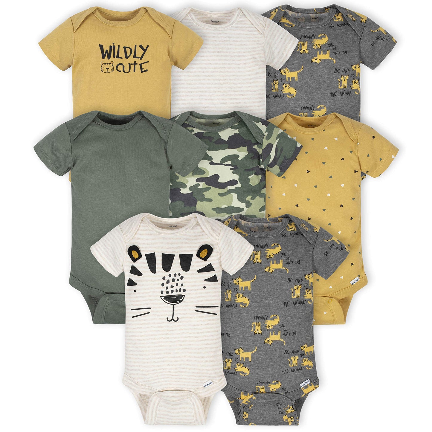 Gerber Unisex Baby 8-Pack Short Sleeve Onesies Bodysuits And Toddler T Shirt Set, Tiger Green, 6-9 Months Us