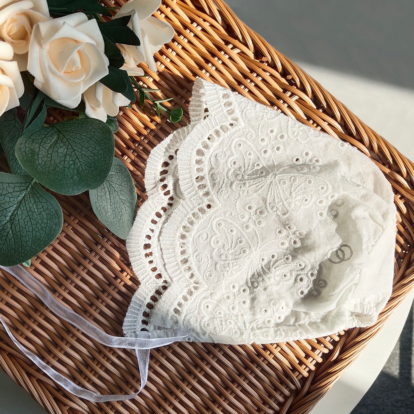 Baby Girl Bonnet Eyelet Lace Cotton Christening Bonnet Toddler Handmade Beanie Sun Protection Hat (Butterfly, 0-3 Months)