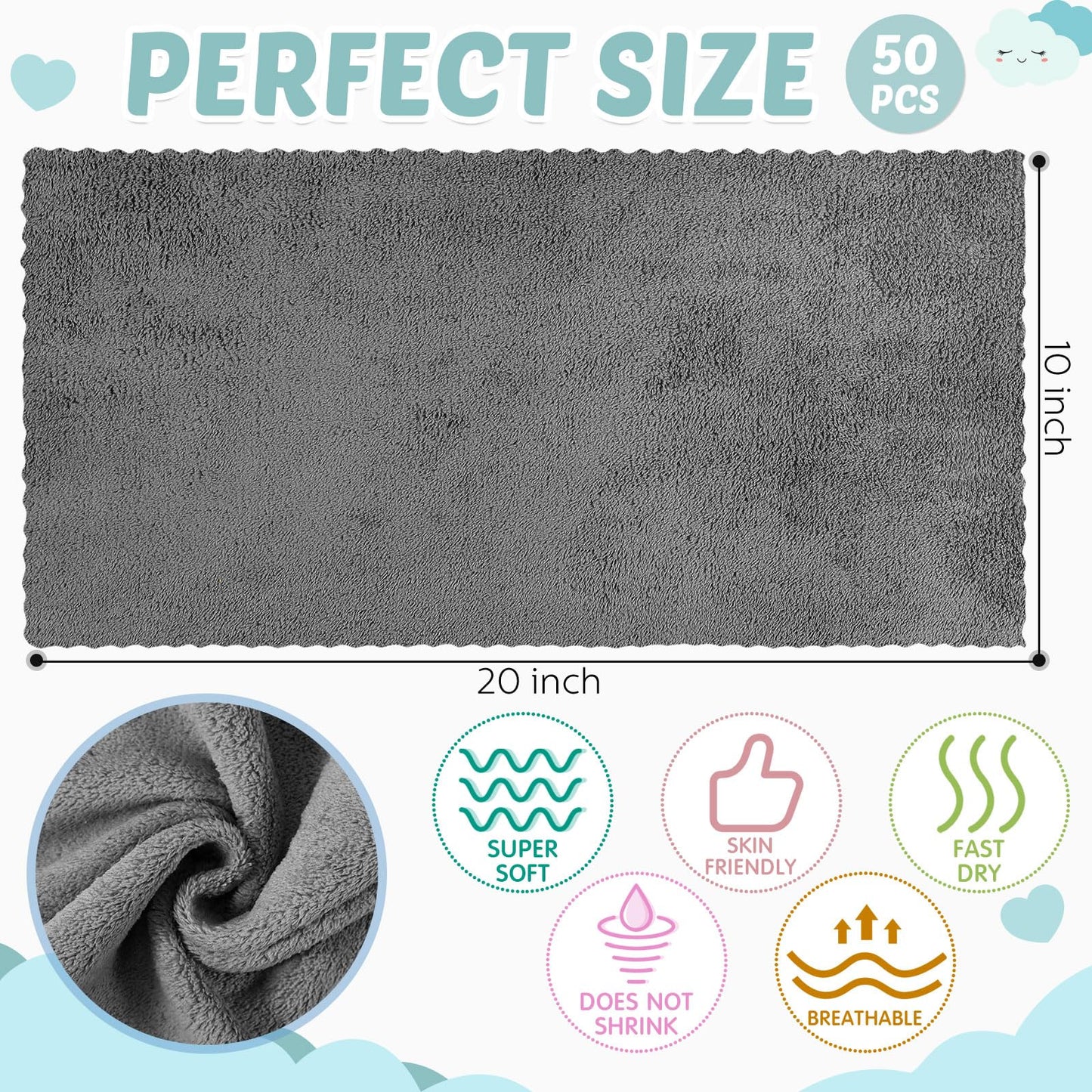 Newwiee 50 Pack Baby Burp Cloths 20''X10'' Absorbent Burping Cloths For Girl Boy Large Baby Rags Towels For Newborn Essential(Gr