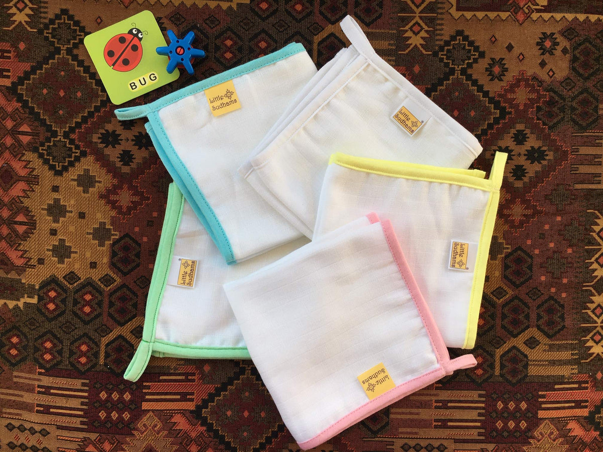 Little Sudhams Double Muslin Cotton Wash Cloth 40s 30cmx30cm (Set of 5 Assorted)