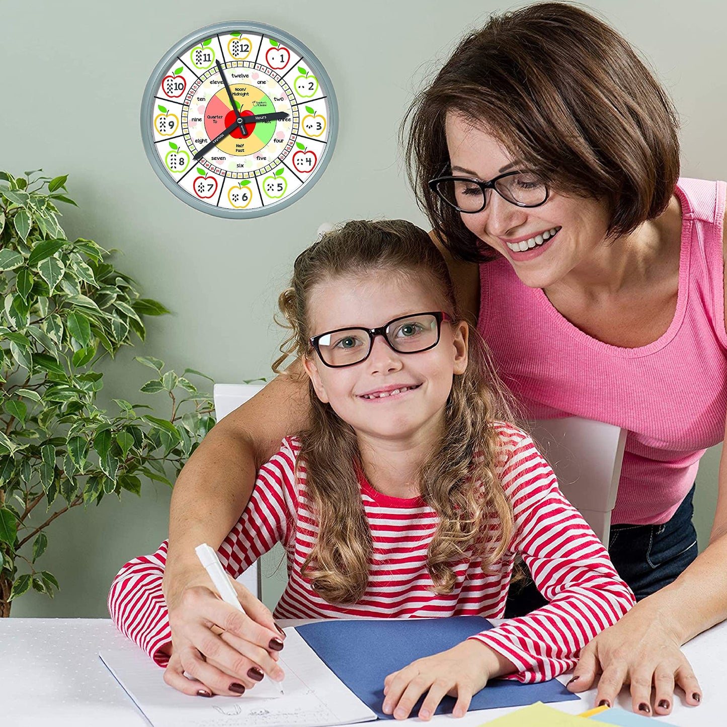 Educational Wall Clock - Silent Movement Time Teaching Clock for Teachers Classrooms and Kids Bedrooms (Silver/Multicolor Appl