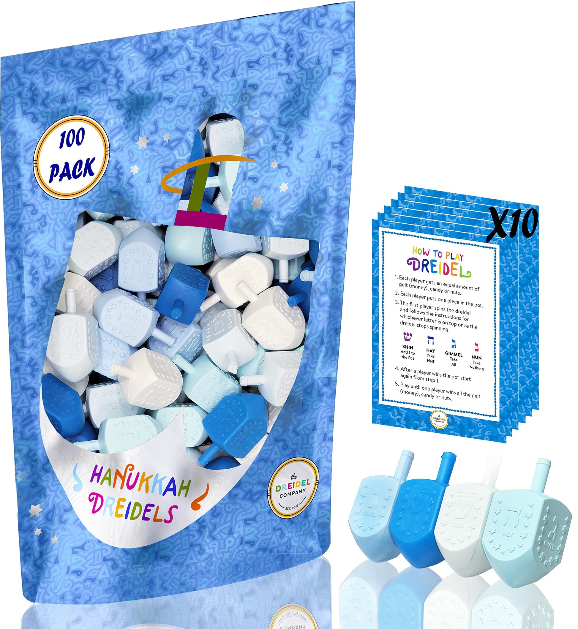 The Dreidel Company Hanukkah Blue And White Plastic Pastel Colored Dreidel, For Children, Boys And Girls, Party Favors (100-Pack