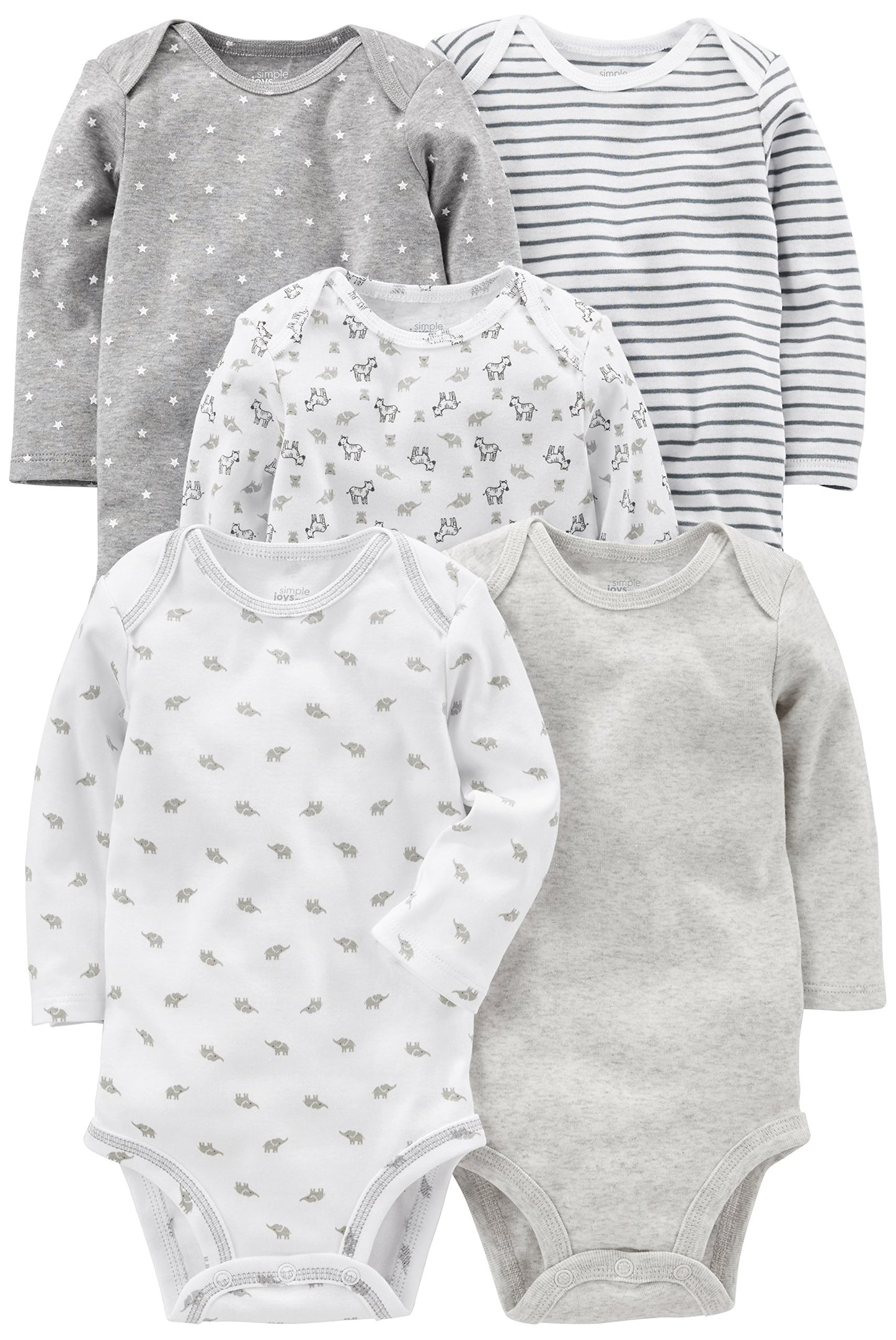 Simple Joys by Carters Unisex Babies Long-Sleeve Bodysuit, Pack of 5, Grey/White, 24 Months