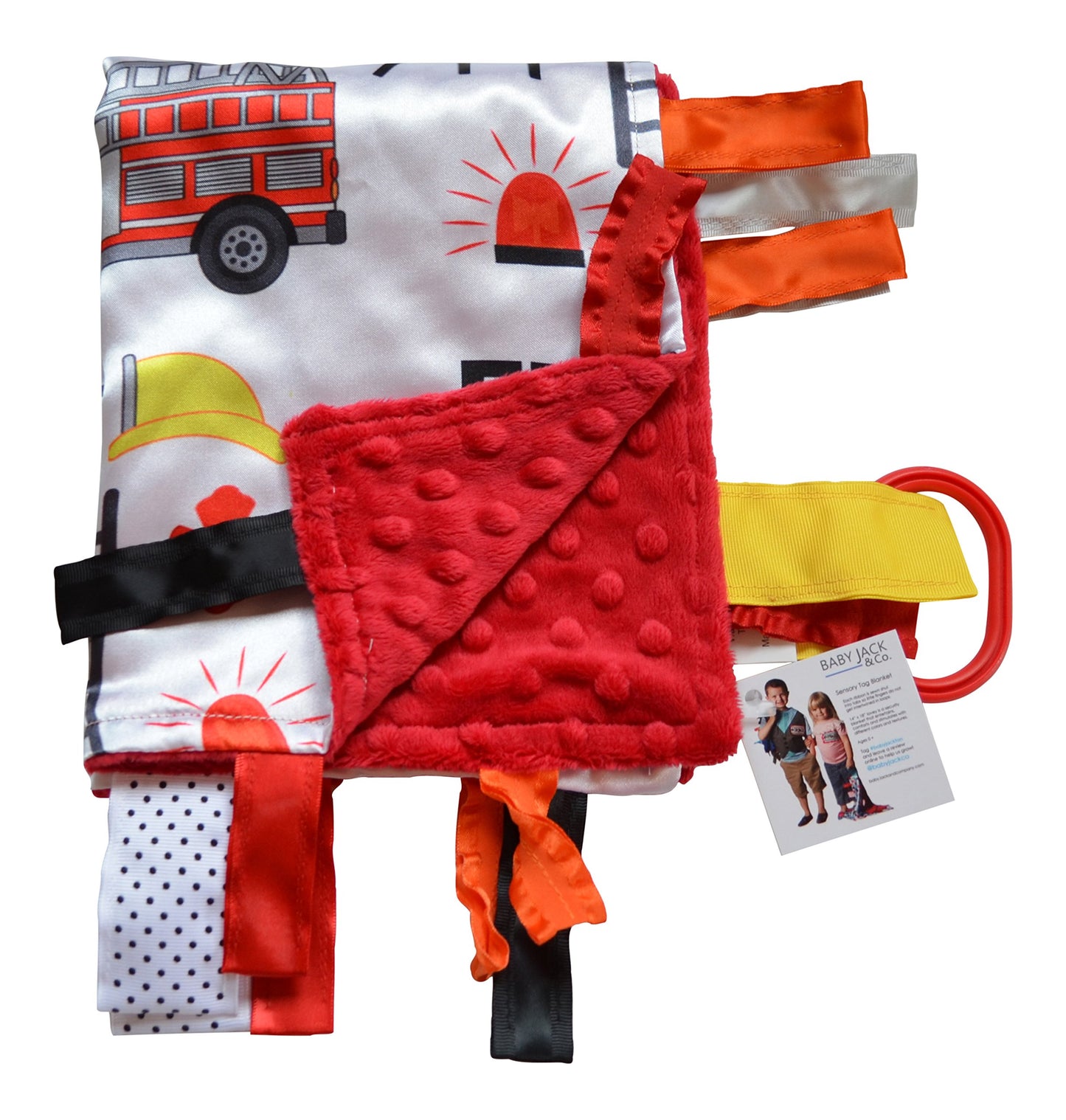 Baby Sensory, Security & Teething Closed Ribbon Tag Lovey Blanket with Minky Dot Fabric: 14   X18    (Firefighter)