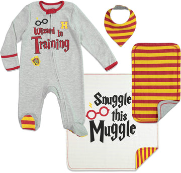 Harry Potter Newborn Baby Boy Or Girl Zip Up Sleep N ' Play Coverall Bib Blanket And Burp Cloth 4 Piece Outfit Set 0-6 Months