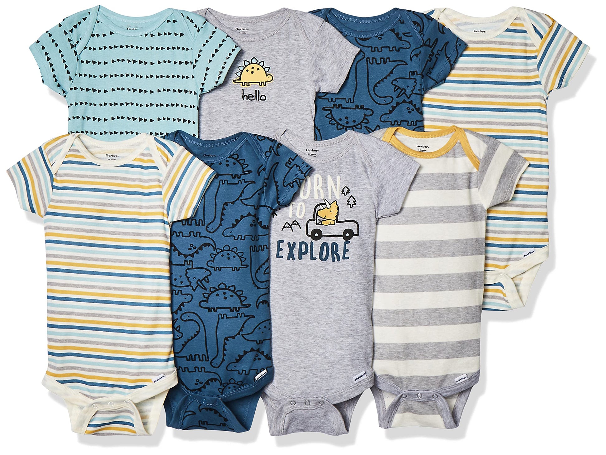 Gerber Baby Boy'S 8-Pack Short Sleeve Onesies Bodysuits, Dinosaur Blue, 12 Months