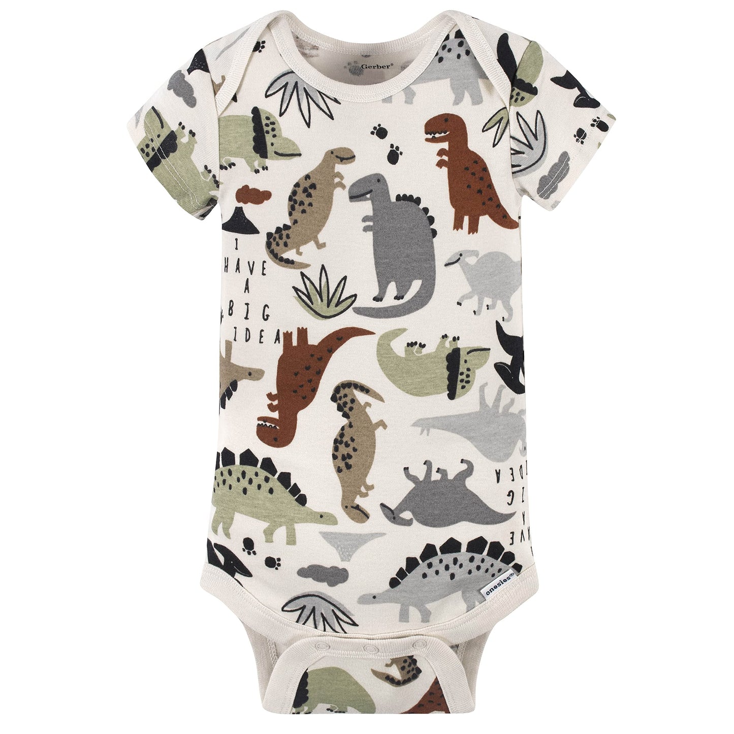 Gerber Baby Boys' 4-Pack Short Sleeve Onesies Bodysuits, Dino Grey, 0-3 Months