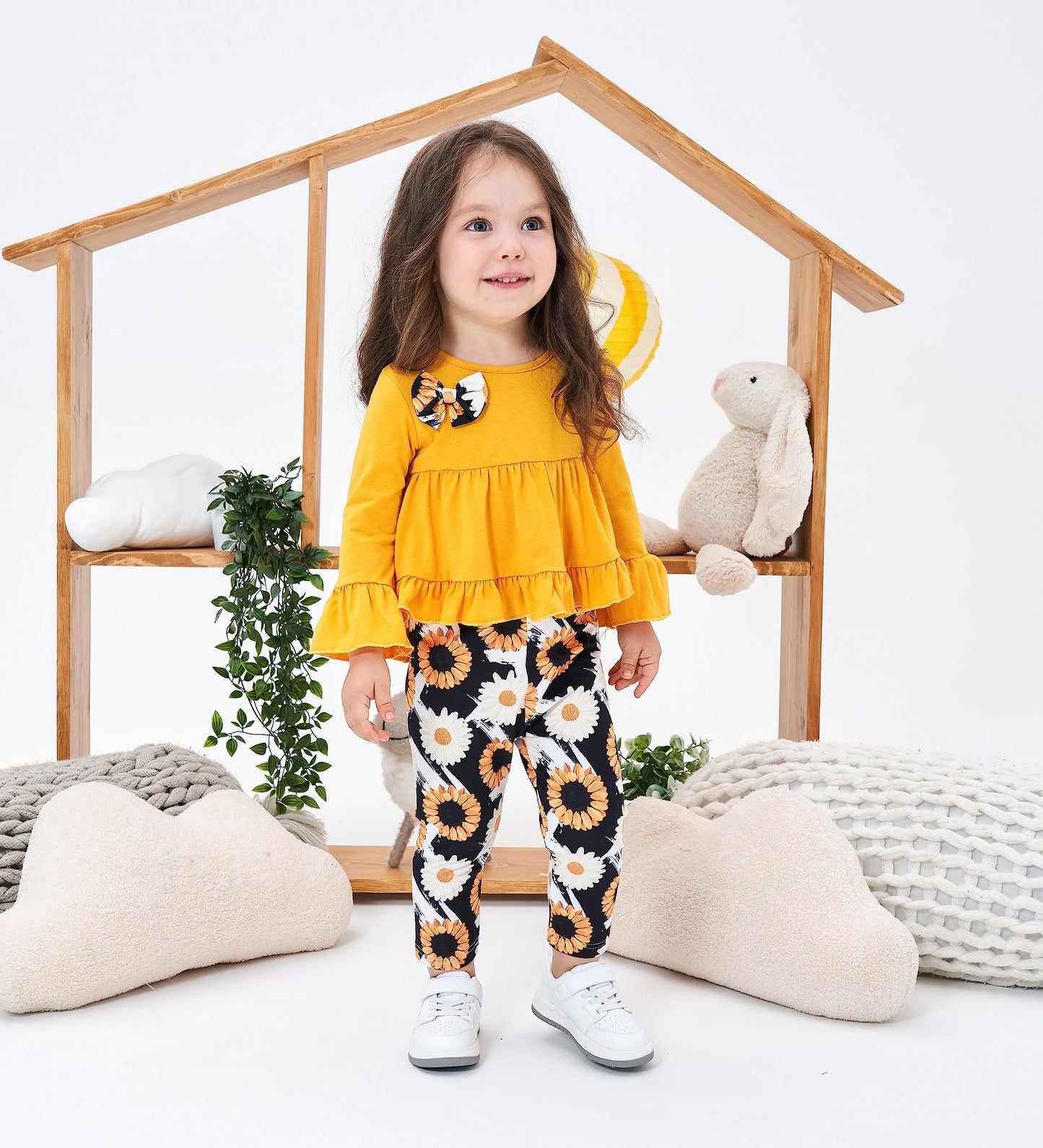 Axumity Kid Girl Clothes Ruffled Long-Sleeve High Low Top With Bowknot + Sunflower Print Pants 2-Piece Winter Spring Girl Outfit