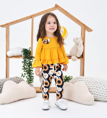 Axumity Kid Girl Clothes Ruffled Long-Sleeve High Low Top With Bowknot + Sunflower Print Pants 2-Piece Winter Spring Girl Outfit