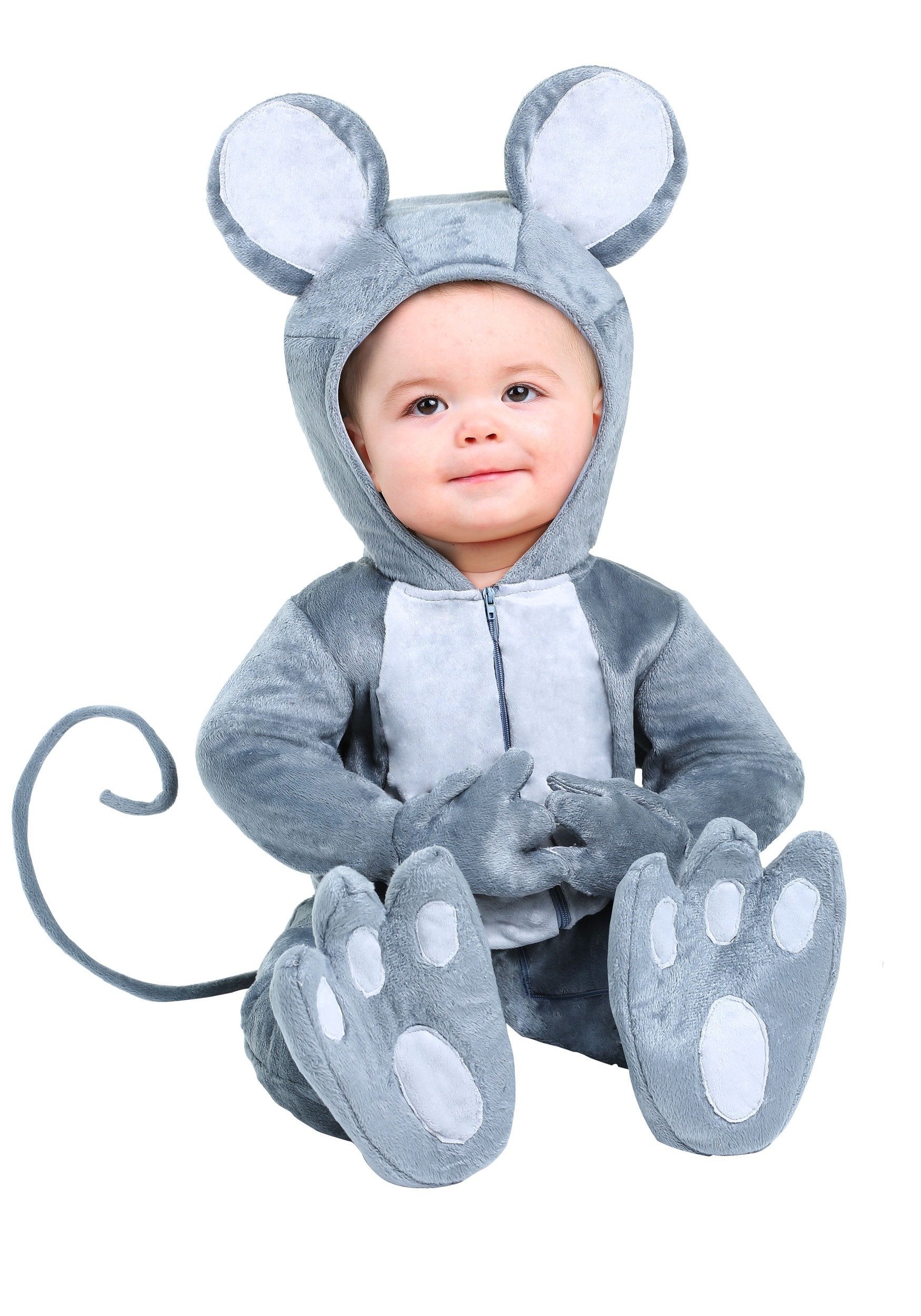 Fun Costumes - Infant Mouse One-Piece, Cute Animal Halloween Unisex Costume With Mittens, Gray Hooded Outfit For Boys And Girls