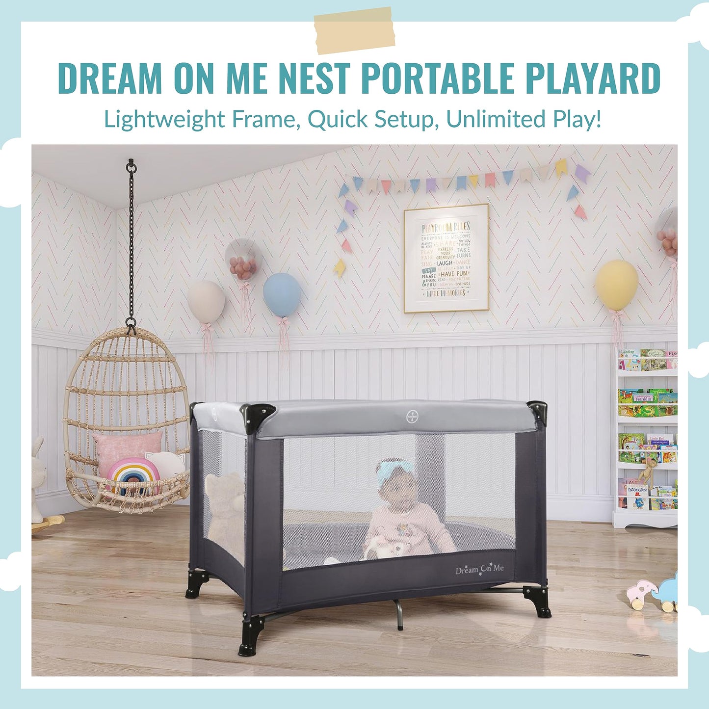 Dream On Me Nest Portable Playard in Grey with Carrybag an Shoulder Strap, Lightweight, Packable and Easy Setup Baby Playard, Br