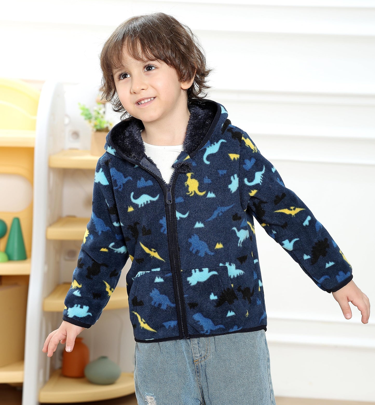 Feidoog Toddler Polar Fleece Jacket Hooded Baby Boys Girls Autumn Winter Long Sleeve Thick Warm Outerwear,Blue Dinosaur,1-2T