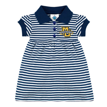 College Baby Striped Game Day Polo Dress With Bloomer - Marquette Golden Eagles Logo - Navy/White - 3-6 Months