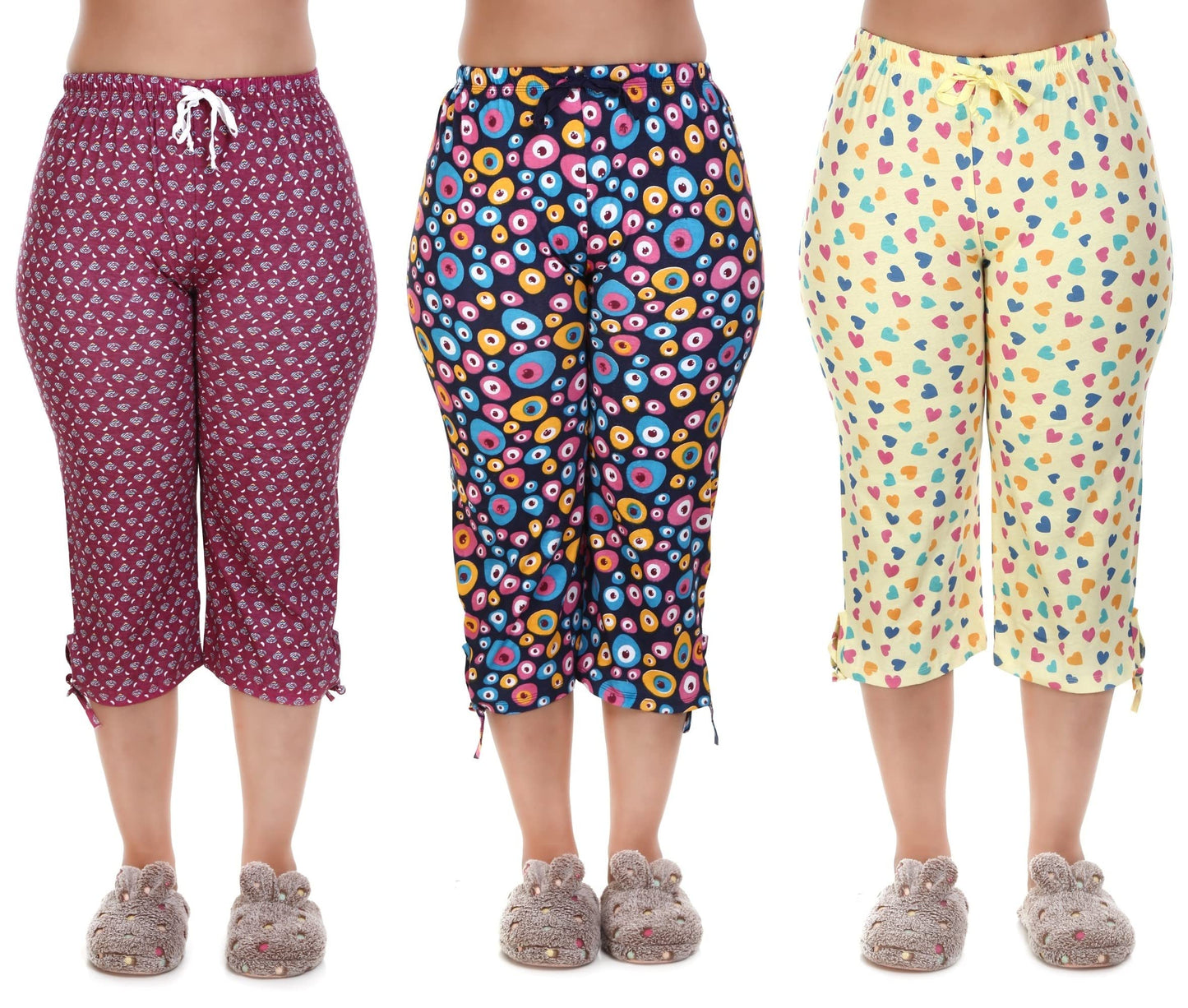 MUKHAKSH (Pack of 3 Girls Printed Export Quality Capris 3/4 with String Nada for Casual & Print May Vary Multicolour