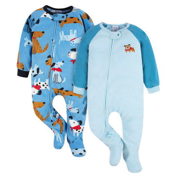 Gerber Baby Boys' Toddler Loose Fit Flame Resistant Fleece Footed Pajamas 2-Pack, Blue Dogs, 12 Months