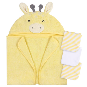 Gerber Baby 4 Piece Animal Character Hooded Towel And Washcloth Set, Yellow Giraffe, One Size