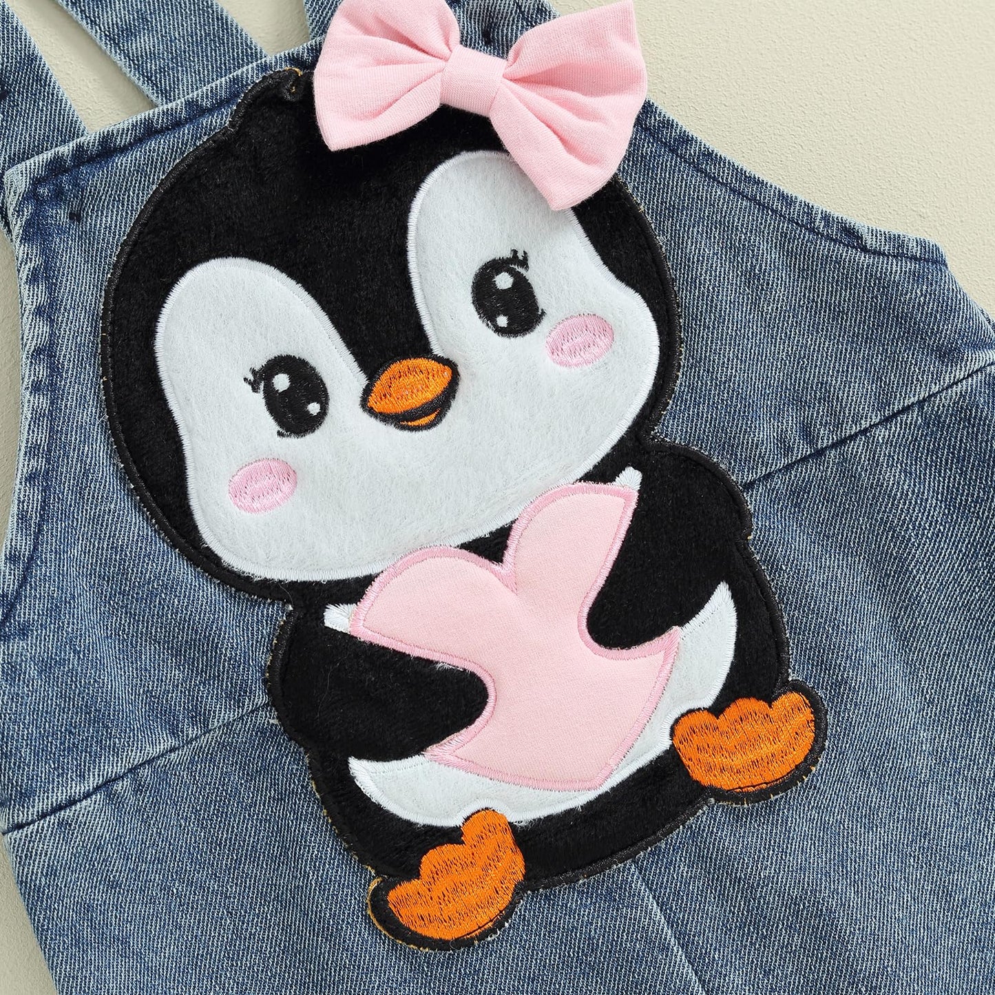 Valentines Day Baby Girl Outfit Newborn Girl Romper Long Sleeve Onesie And Bear Denim Overalls Fall Winter Clothes(A-White Pengu