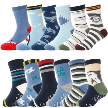 Antsang Baby Boys Grips Socks Kids Toddlers Infants Non Slip/Anti Skid Crew Cotton Socks 12 Pairs (Boy'S-Shark(12 Pairs),1-3 Y)