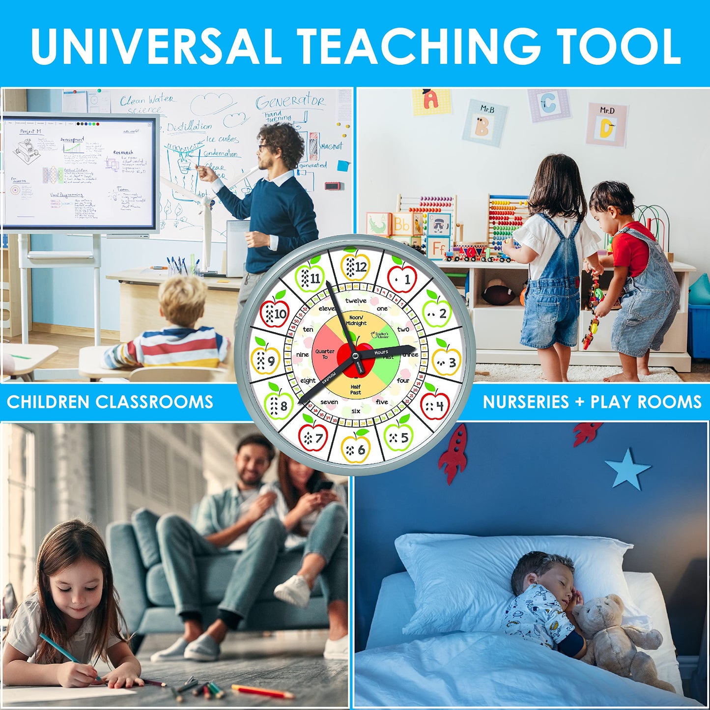 Educational Wall Clock - Silent Movement Time Teaching Clock for Teachers Classrooms and Kids Bedrooms (Silver/Multicolor Appl