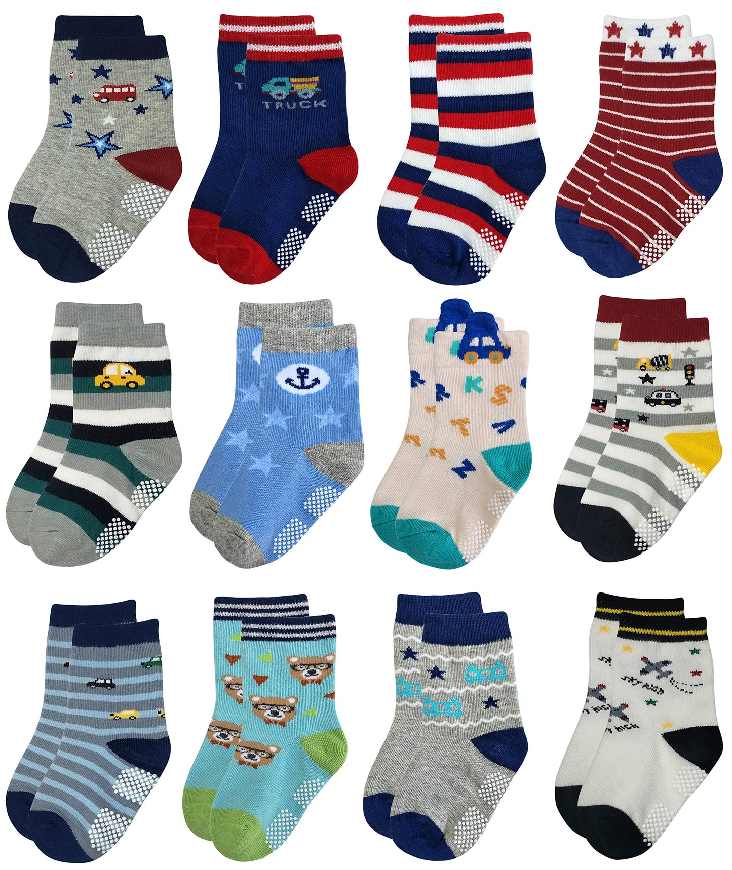 RATIVE Non Skid Anti Slip Cotton Crew Baby Babies Toddler Toddlers Socks for Boy Boys 2T 3T 2T-3T 12-24 12-18 Months With Grip G