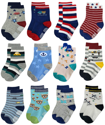 RATIVE Non Skid Anti Slip Cotton Crew Baby Babies Toddler Toddlers Socks for Boy Boys 2T 3T 2T-3T 12-24 12-18 Months With Grip G