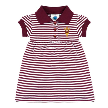 College Baby Striped Game Day Polo Dress With Bloomer - Arizona State Sun Devils Trident Logo - Maroon/White - 12 Months
