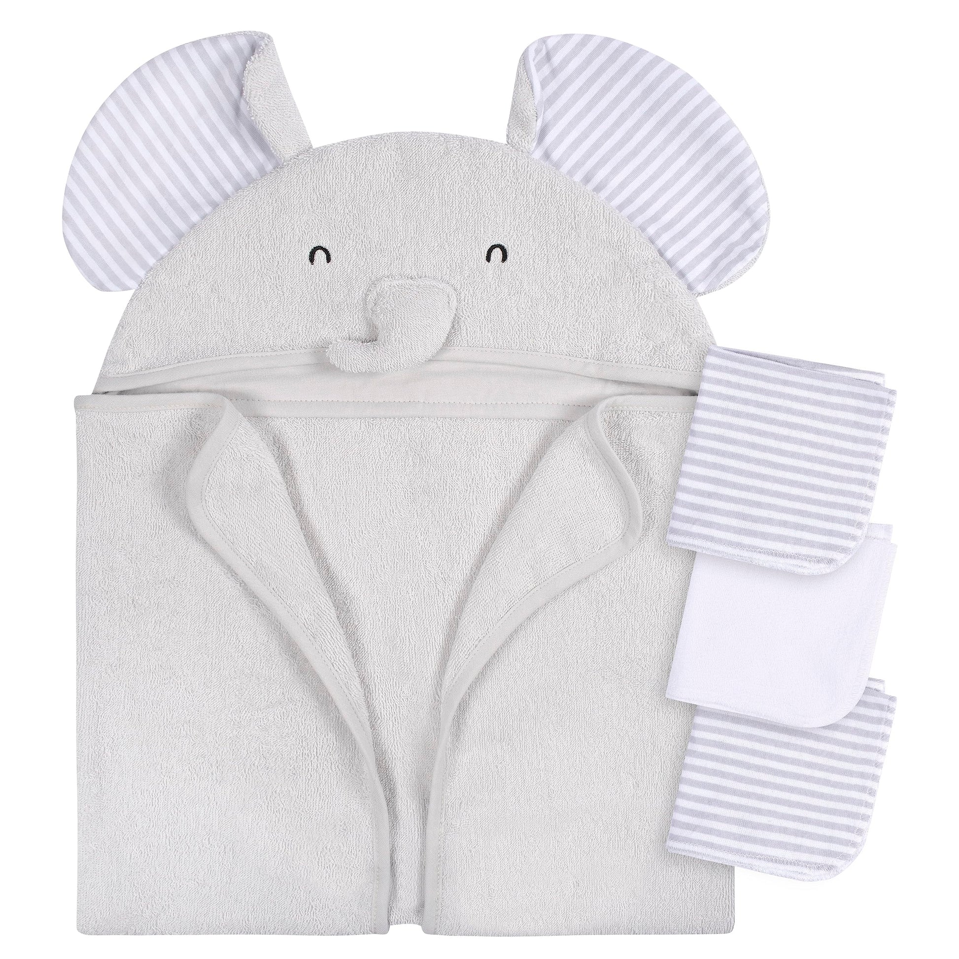 Gerber Baby 4 Piece Animal Character Hooded Towel And Washcloth Set, Grey Elephant, One Size