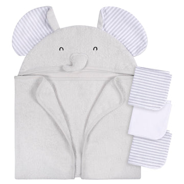 Gerber Baby 4 Piece Animal Character Hooded Towel And Washcloth Set, Grey Elephant, One Size