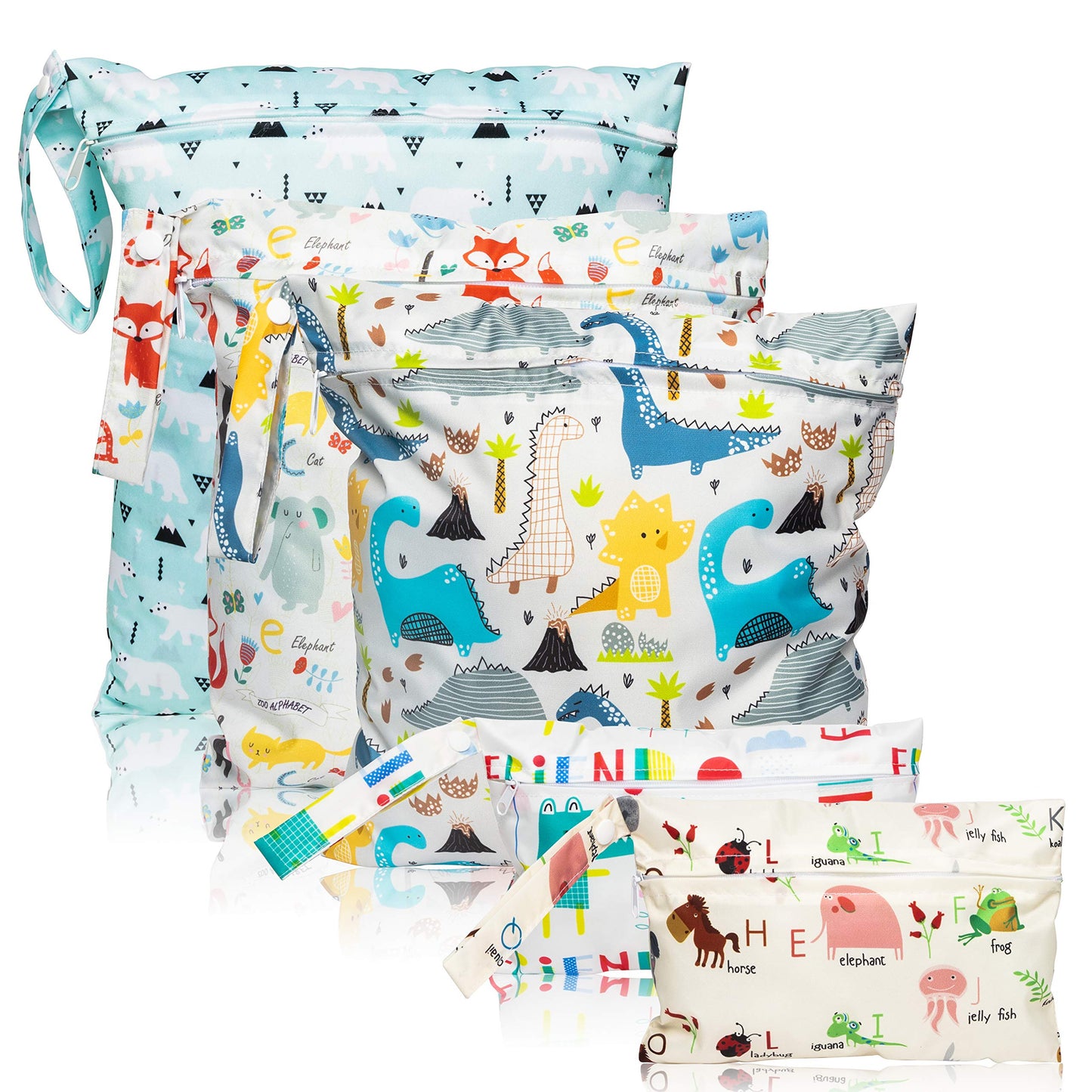 R HORSE 5Pcs Waterproof Reusable Diaper Baby Cloth Wet Dry Bags with 2 Zippered Pockets Travel Beach Pool Bag with Polar Bear Di