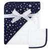 Hudson Baby Unisex Baby Cotton Hooded Towel And Washcloth, Navy Silver Star, One Size