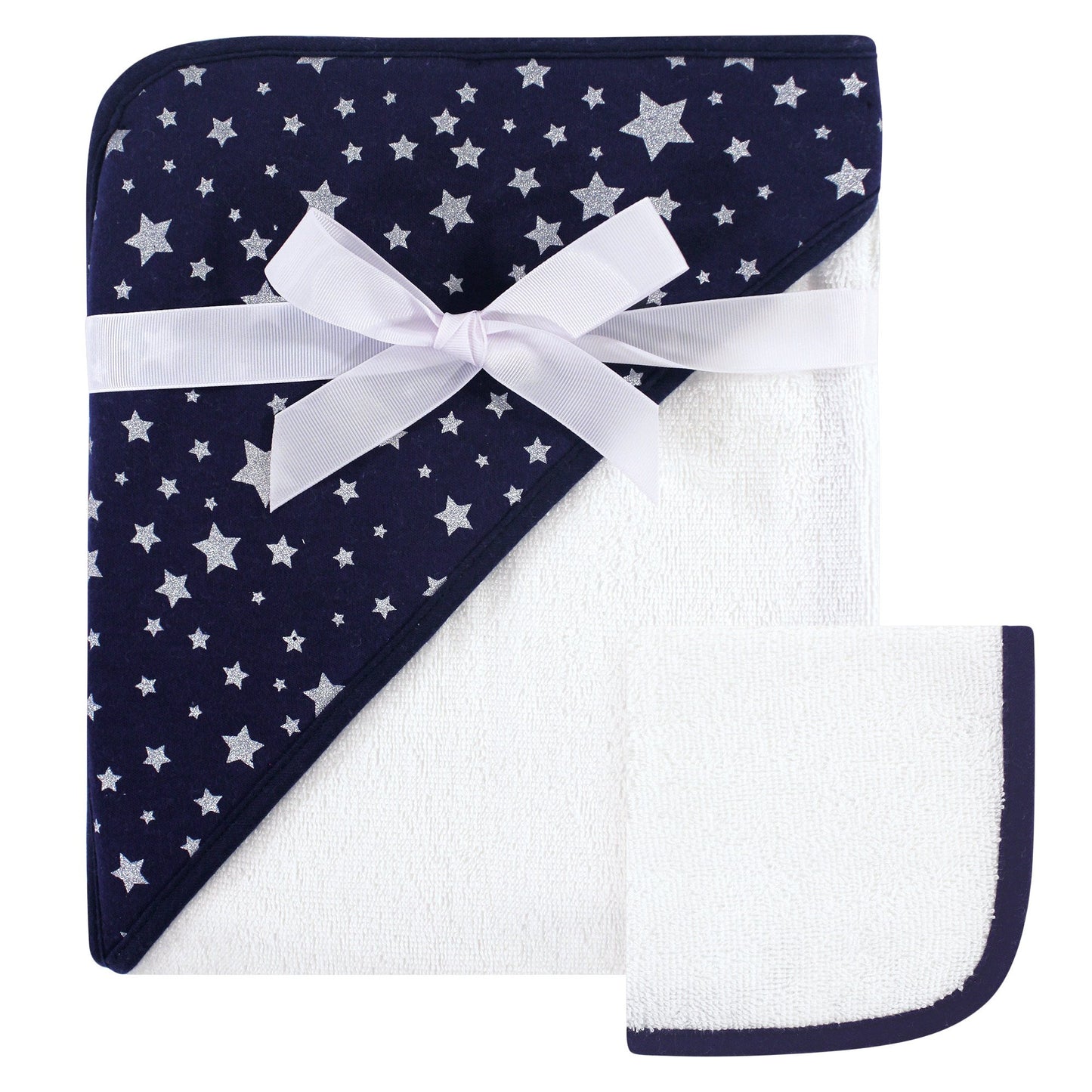Hudson Baby Unisex Baby Cotton Hooded Towel And Washcloth, Navy Silver Star, One Size