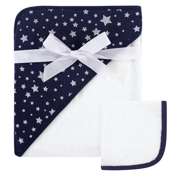 Hudson Baby Unisex Baby Cotton Hooded Towel And Washcloth, Navy Silver Star, One Size