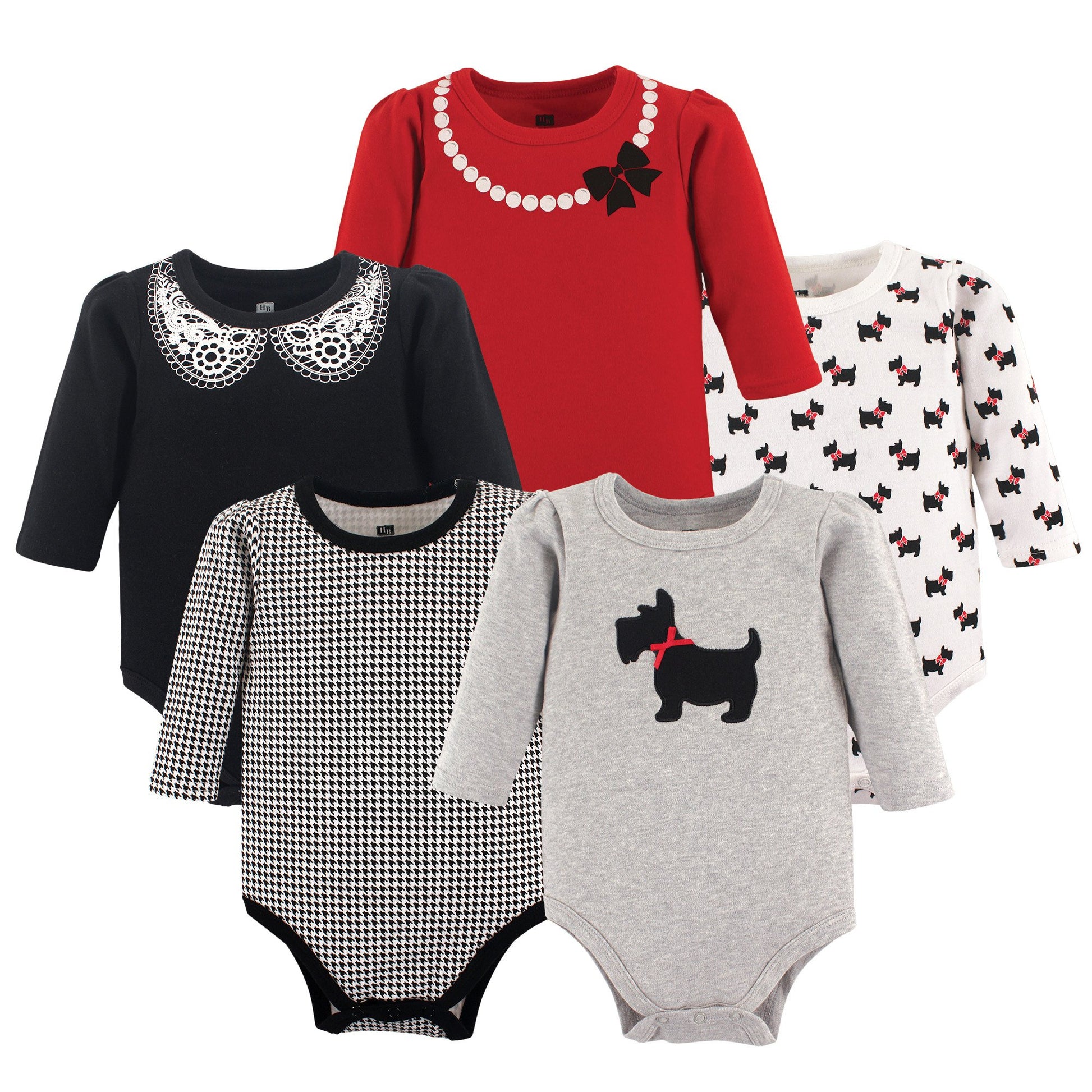 Hudson Baby Baby Girls Long Sleeve 5 Pack Bodysuit, Scottie Dog, 12-18 Months Us