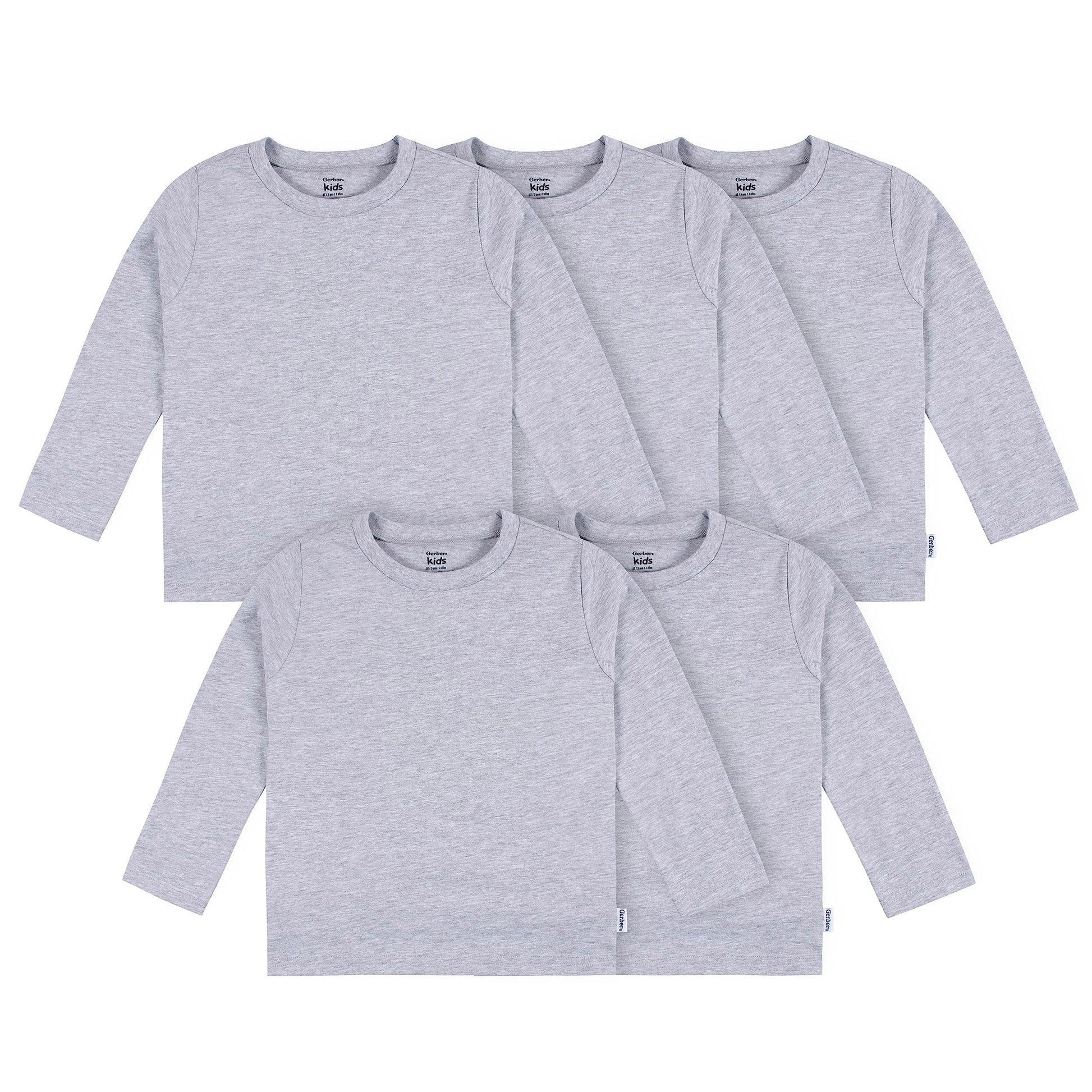 Gerber Baby Toddler 5-Pack Solid Long Sleeve T-Shirts Jersey 160 Gsm, Grey Heather, 6-9 Months