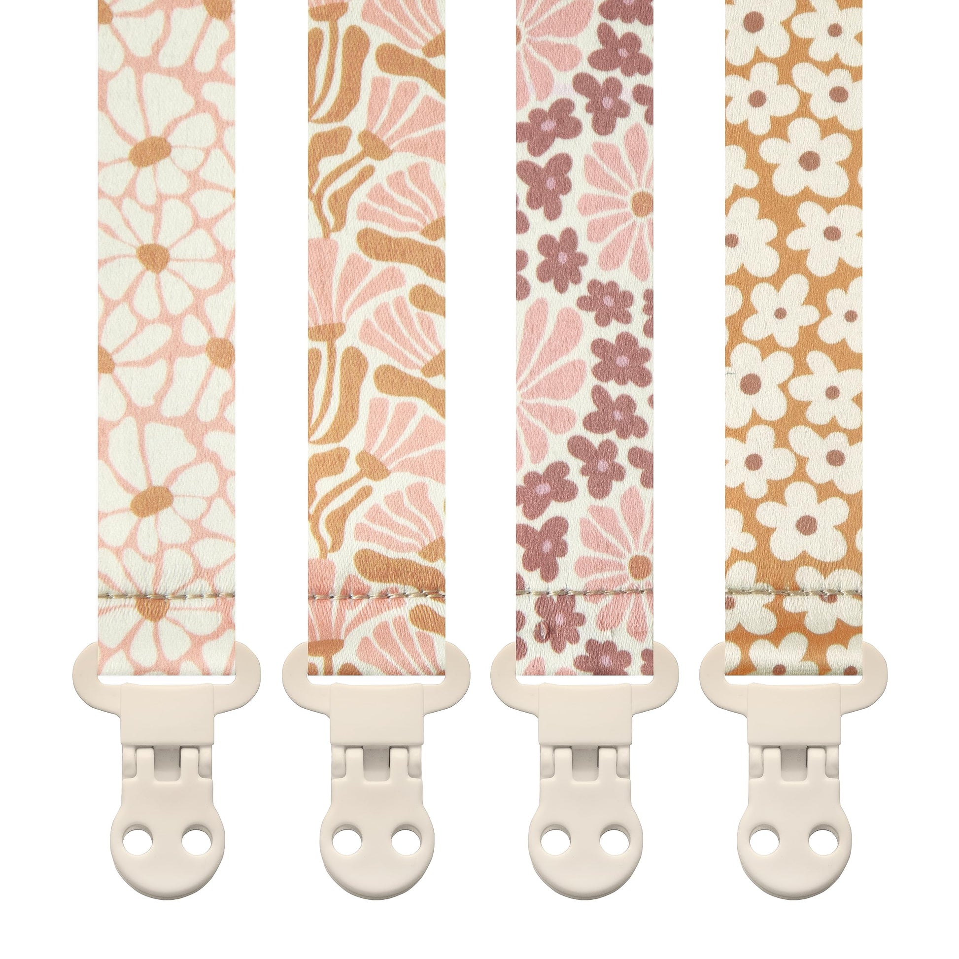 Stadela Baby Pacifier Clip Holder - Girl 4 Pack Gift Set - Boho Modern Pink and Beige Flowers Floral (Nolana)