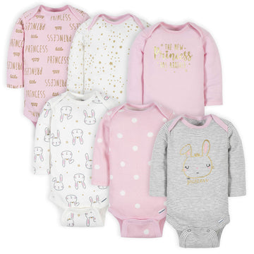 Gerber Baby Girls' 6-Pack Long-Sleeve Onesies Bodysuits, Princess Pink, 12 Months