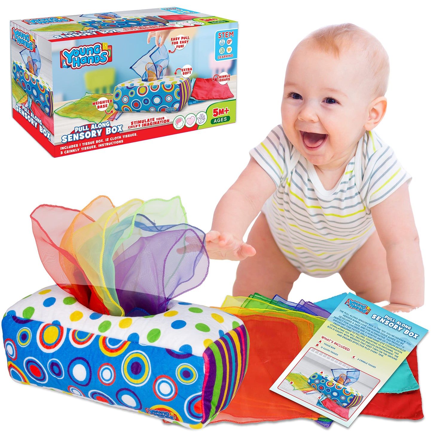 Sensory Pull Along Baby Tissue Box - Montessori Toy for Babies and Toddlers Tissue Box Learning Toys for 5 Months + STEM Educati
