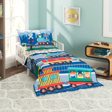 Everyday Kids 4 Piece Toddler Bedding Set -Choo Choo Train- Includes Comforter, Flat Sheet, Fitted Sheet And Reversible Pillowca