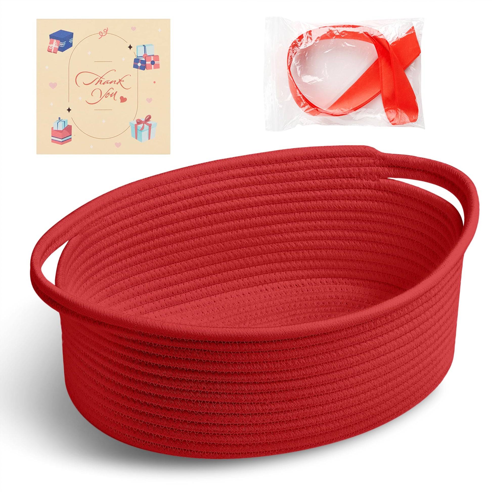 Bufims Small Woven Red Gifts Basket for Storage Empty with Ribbons and Bags Durable Cute Gifts 12X 8 X 5 Small Rope Basket for G