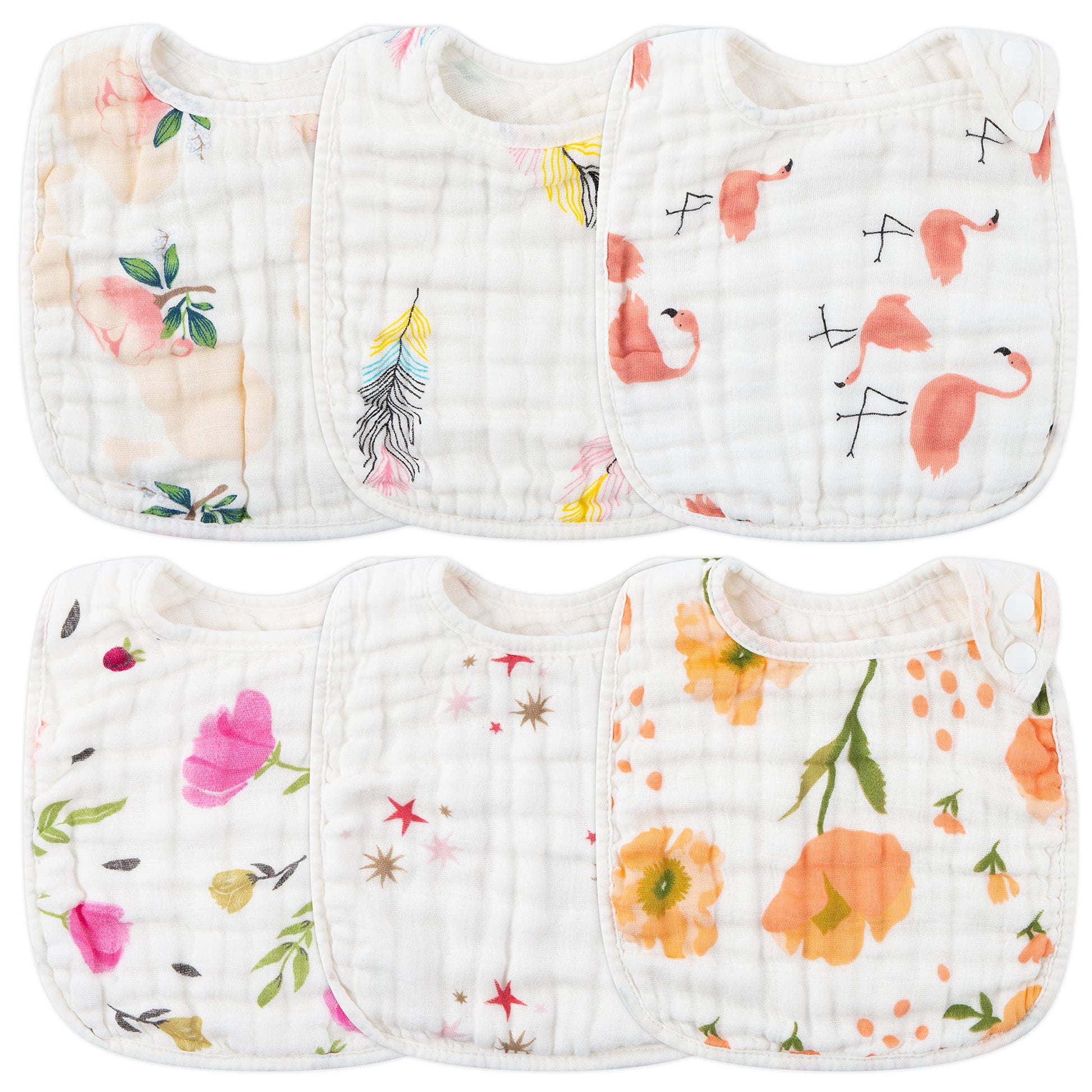 Zainpe 6Pcs Snap Muslin Cotton Bibs For Baby Flamingo Star Flower, Machine Washable Adjustable Burp Cloths With 6 Absorbent Soft