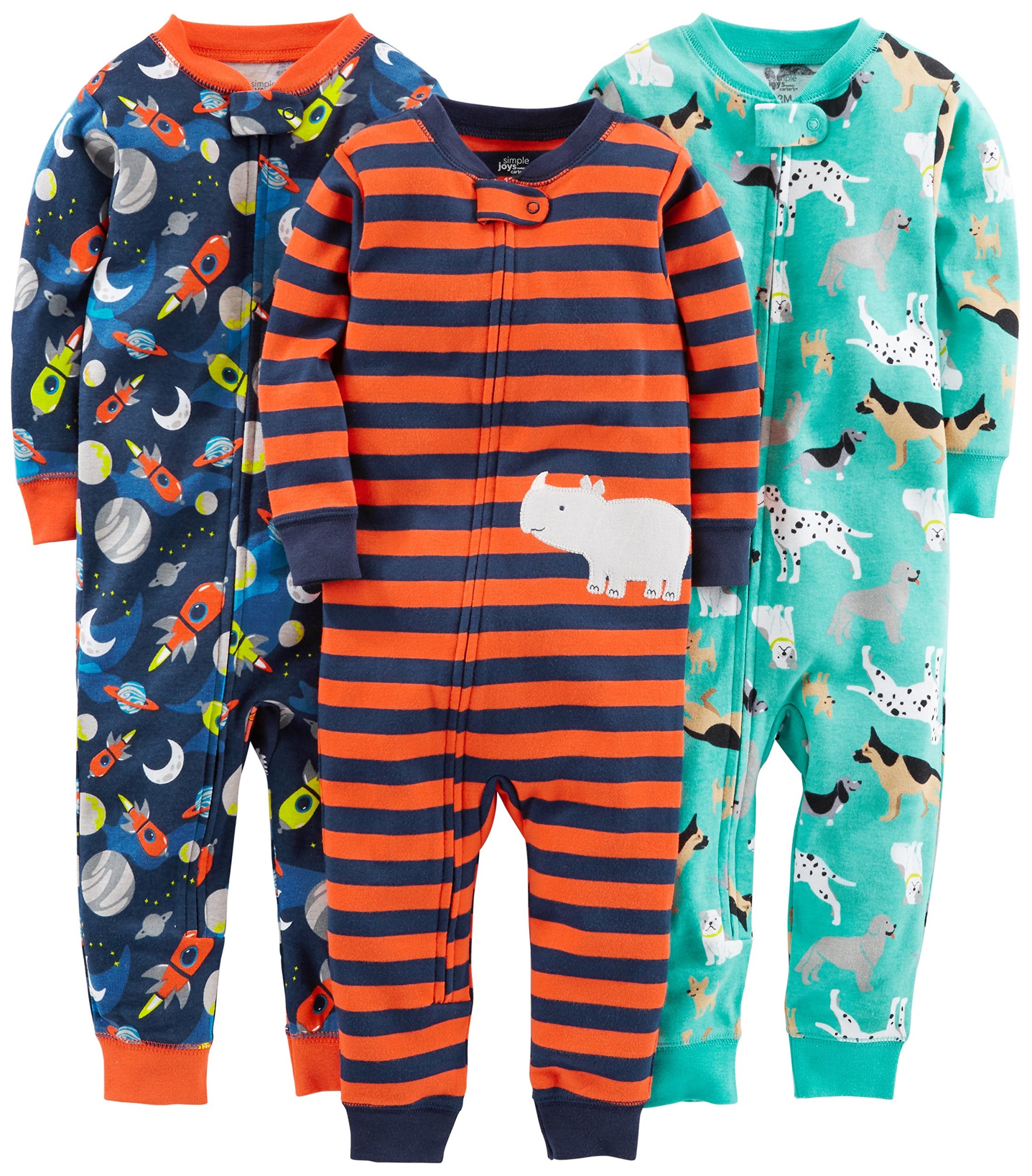 Simple Joys By Carter'S Baby Boys' 3-Pack Snug Fit Footless Cotton Pajamas, Navy Space/Rust Stripe/Turquoise Green Dogs, 18 Mont