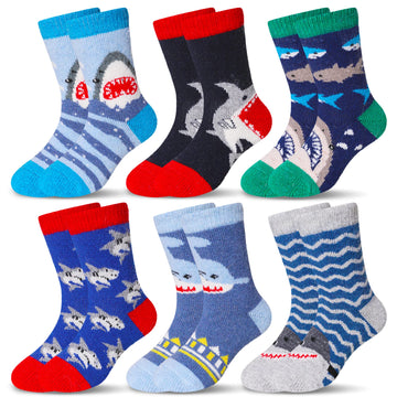 Eocom 6 Pairs Children'S Winter Warm Wool Animal Crew Socks Kids Boys Girls Socks (Shark, 1-3T)