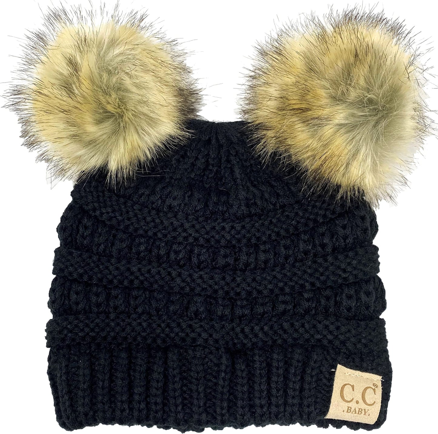 Funky Junque Exclusives Baby Girl Winter Hat Double Pom Pom Beanie, Black, Infants 0-12 Months